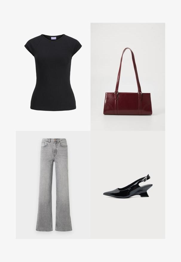 Camiseta ajustada de manga corta negra con cuello redondo y etiqueta de marca púrpura en el interior del cuello.; Jeans de mezclilla gris de campana con una cintura alta, bolsillos delanteros, trabillas para el cinturón y un sutil diseño descolorido, presentados sobre un fondo blanco.; Zapato slingback de cuero charol negro con puntera puntiaguda y tacón bajo en bloque inclinado sobre fondo claro liso.; Bolso burdeos hecho de material brillante, de forma rectangular, con dos asas para el hombro y sutiles acentos curvados en la parte frontal.