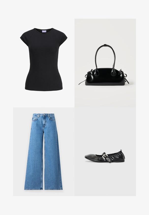 Camiseta ajustada de manga corta negra con cuello redondo y etiqueta de marca púrpura en el interior del cuello.; Jeans de mezclilla azul de pierna ancha con una cintura alta, que presentan un diseño clásico de cinco bolsillos y costuras a lo largo de los lados para un detalle adicional.; Zapato plano de piel negra con puntera afilada, detalle fruncido alrededor de la abertura y un acento de hebilla plateada en la correa ajustable.; Pequeño bolso negro brillante con dos asas largas y detalles de cordón lateral sobre un fondo claro liso.