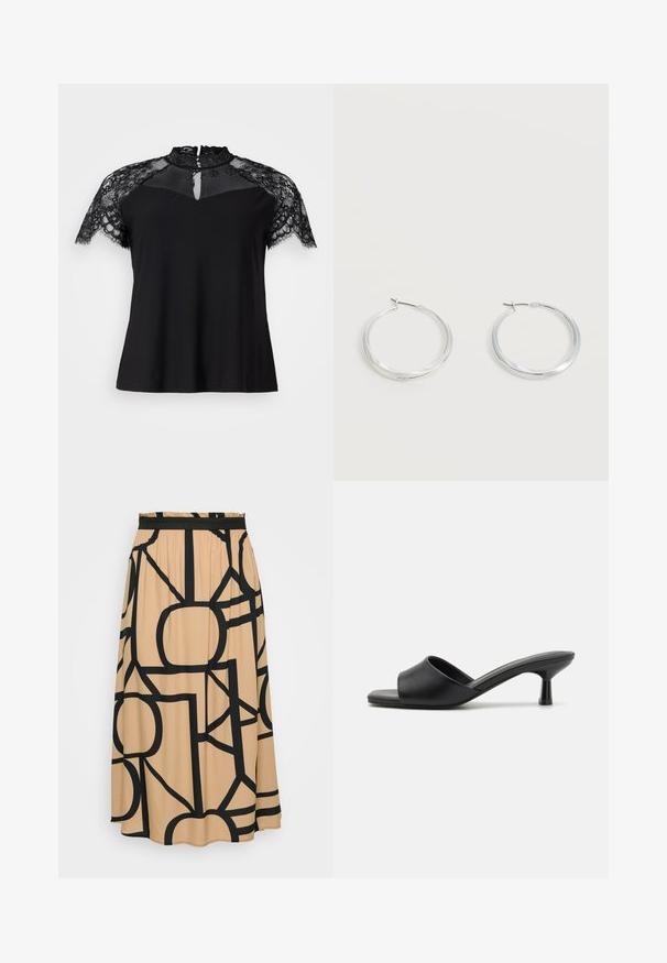 Top negro con un alto cuello de encaje y mangas cortas de encaje, con un detalle de ojal en el escote y un cuerpo de tela suave.; Una larga falda beige con un patrón geométrico negro. Presenta una cinturilla elástica y una textura de tela suave. Con dobladillo redondeado en la parte inferior.; Sandalias de deslizamiento negras con parte superior de cuero suave, punta abierta y un tacón bajo y brillante. Diseño minimalista con una forma curvada y un acabado elegante.; Pendientes de aro de metal plateado con superficie lisa y ligeramente curvada y cierre de tipo mosquetón sobre un fondo blanco liso.