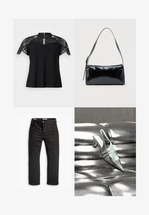 Schwarzes Oberteil mit hohem Spitzenkragen und kurzen Spitzenärmeln, mit einem Schlüssellochdetail am Halsauschnitt und einem glatten Stoffkörper.; Schwarze Denim-Jeans mit geradem Bein, ausgestattet mit einem Knopfverschluss, fünf Taschen und dezentem Stickdetail. Angenehme Textur.; Silberner Slingback-Pumps mit hohem Absatz und zwei Schnallen, liegend auf einer glänzenden, gesteppten silbernen Lederoberfläche.; Schwarze rechteckige Schultertasche mit einem verstellbaren Riemen und einem oberen Reißverschluss vor einfachem Hintergrund.