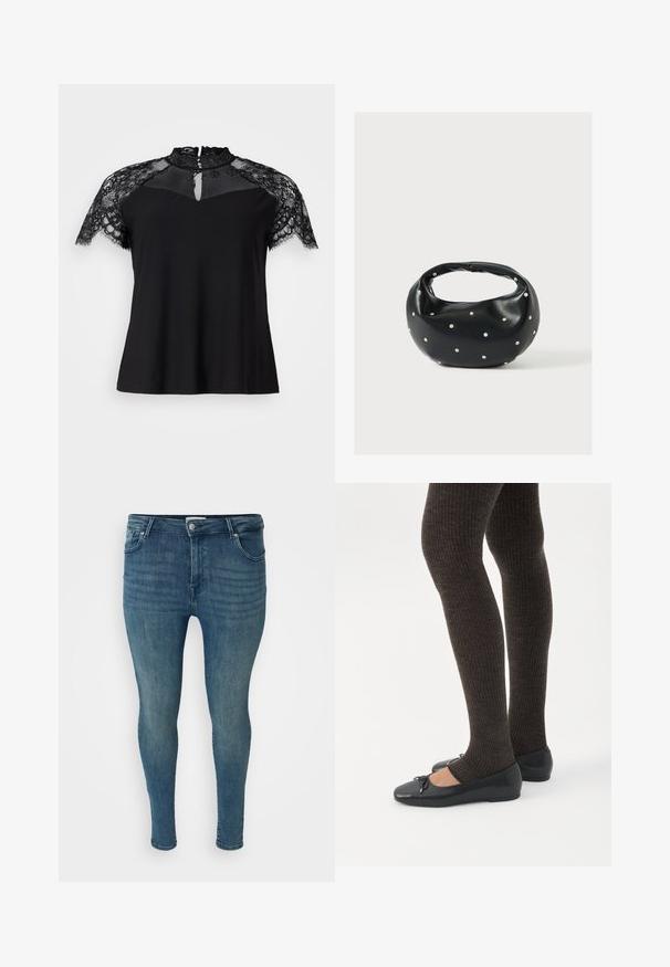 Sort top med høj blonderkrave og korte blonderærmer, med en nøglehulldetalje ved halsen og en glat stofkrop.; Slim fit jeans i mellemblå denim med en glat overflade, fem-lomme design, bæltestropper og en knaplukning i taljen.; Ben iført mørke ribbede leggings kombineret med sorte balletsko med små sløjfedetaljer på hvid baggrund.; Sort læderhåndtaske med en rundet form, dekoreret med sølvnitter, og et kort håndtag. Glat tekstur og lynlåslukning.