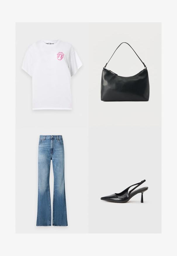 Camiseta blanca de manga corta con un pequeño logo rosa de lengua y labios de los Rolling Stones en la parte superior izquierda del pecho.; Replay BECKA PANTS - Vaqueros boyfriend - medium blue; Zapato de tacón alto negro de cuero con puntera afilada y tacón delgado sobre un fondo blanco.; Bolso de hombro de cuero negro texturizado con cremallera curva en la parte superior y una sola correa ajustable sobre un fondo liso.