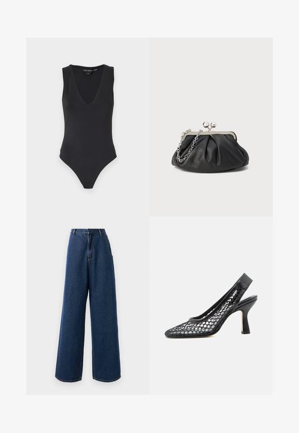 Good American SCUBA DEEP V TANK BODYSUIT - Top - black; Džíny s vysokým pásom a širokými nohavicami v tmavomodrej džínsovej látke s predným zapínaním na gombík a zips, pútkami na opasok a bočnými vreckami.; Čierna lodička na vysokom podpätku so sieťovanou vrchnou časťou s hexagonálnymi vzormi a špicatou špičkou na bielom pozadí.; Čierna kožená kabelka s vrúbkovou textúrou, strieborným kovovým rámom, uzáverom na pobozkanie a retiazkou na nosenie. Hladký, jemný povrch.