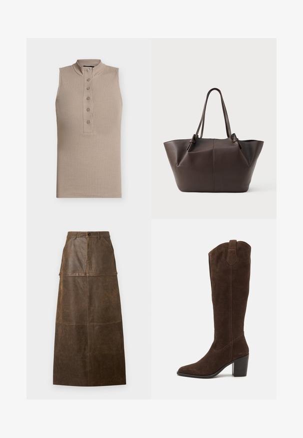 Haut sans manches beige avec un col montant, texture côtelée et une patte de boutonnage à six boutons sur le devant. Design simple et coupe ajustée.; Jupe midi en cuir marron avec taille haute, poches avant et une texture lisse avec des accents de couture visibles.; Anna Field LEATHER - Bottes à talons hauts - brown; Grande sac en cuir brun foncé avec double bandoulière et couture subtile au centre, sur fond uni clair.