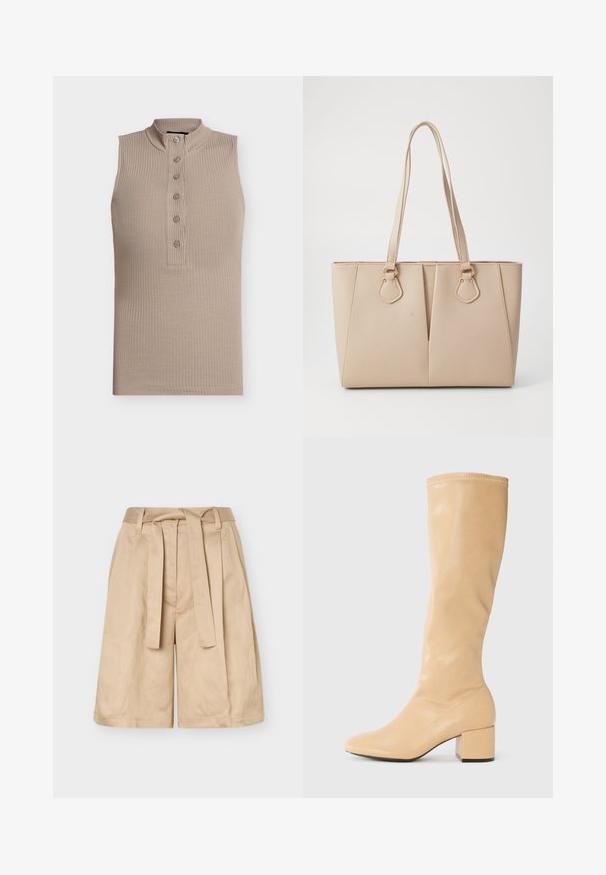 Beige ærmeløs top med høj krave, ribbet tekstur og seks knapper ned foran. Simpelt design og tætsiddende form.; Beige højtaljede shorts med bæltestropper, stofbælte og vide ben, vist mod en ensfarvet baggrund.; Anna Field Høje støvler/ Støvler - beige; Beige tote taske lavet af tekstureret kunstlæder, med dobbelte håndtag og guldfarvede hardware accenter. Designet inkluderer en delt frontdetalje.