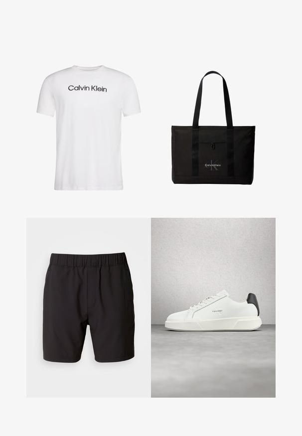 Hvid T-shirt med korte ærmer og rund halsudskæring med sort "Calvin Klein" tekst centreret på brystet.; Sorte shorts lavet af strækbart stof, med en elastisk talje, sidelommer og et simpelt, rent design. Ingen mønstre eller detaljer.; Hvide sneakers med en glat læderoverdel, flade snørebånd og en forhøjet hvid sål. Har en sort detalje ved hælen og et præget logo.; Sort Calvin Klein tote taske med to lange håndtag og lomme foran, med mærkets logo i hvid og grå.