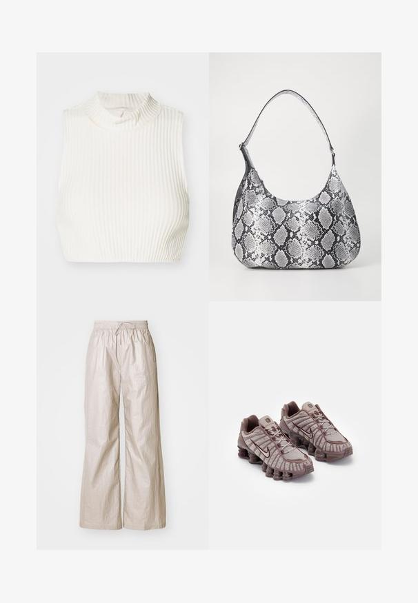 Hvid ribbet ærmeløs cropped top med høj hals og subtil knapdetalje ved kraven, lavet af et glat, strækbart stof.; Lys beige, vide bukser lavet af rynket stof, med elastisk talje og snøre samt sidelommer.; Nike Sportswear SHOX TL - Sneakers - pumice/night maroon/plum eclipse; Sort-hvid slangemønster skuldertaske med en rund form, glat tekstur og en buet rem. Har et sølvfarvet hardware-accents.