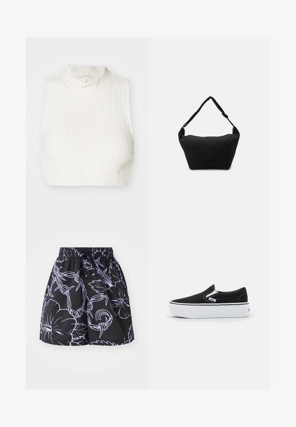 Valkoinen ribbikuvioinen hihaton crop-top, jossa on korkea kaula-aukko ja hienovarainen nappidetaili kauluksessa, valmistettu sileästä ja joustavasta kankaasta.; Mustat shortsit, joissa on nauhavyötärö, ja jotka esittelevät kontrastivärisiä vaaleanpunaisia kukka- ja lehtikuvioita tasaisella taustalla.; Mustat kangaskengät ilman nyöreitä, joissa on valkoinen kumipohja, elastiset sivuakkentit ja erottuva tikkaus. Brändilogo näkyvissä sivulla.; Mustan kankaisen olkalaukun pehmeä tekstuuri, pyöreä muoto ja yksi olkahihna. Minimalistinen muotoilu, jossa ei ole näkyviä metalliosia tai koristeita.