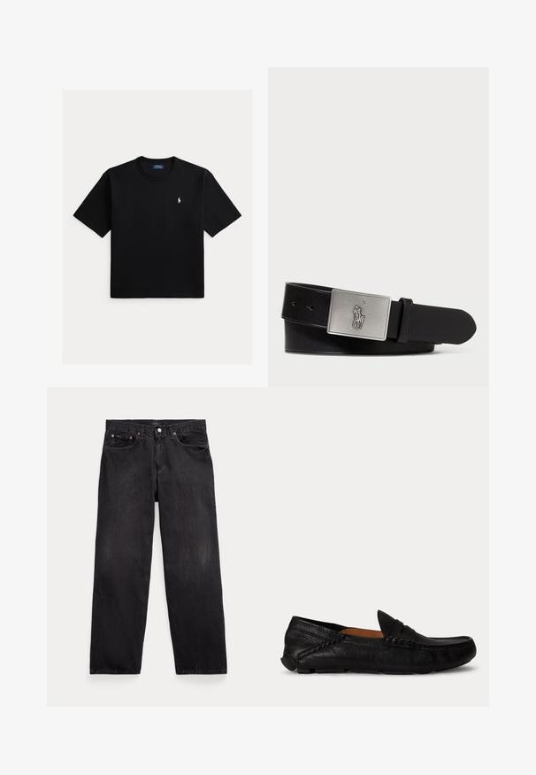 Čierne tričko s krátkym rukávom a okrúhlym výstrihom s malým bielym logom koňa Polo Ralph Lauren na ľavej strane na hrudi.; Čierne rifle s rovnými nohavicami, piatimi vreckami, zapínaním na gombíky a viditeľnými kovovými nitmi na predných vreckách.; Čierny kožený slip-on mokasín s zaoblenou špičkou a šitými detailmi pozdĺž strán a vrchu, zobrazený z boku na bielom pozadí.; Čierny kožený opasok s obdĺžnikovou striebornou kovovou prackou s vyrazeným logom jazdca, hladkou textúrou a piatimi otvormi na opasok.