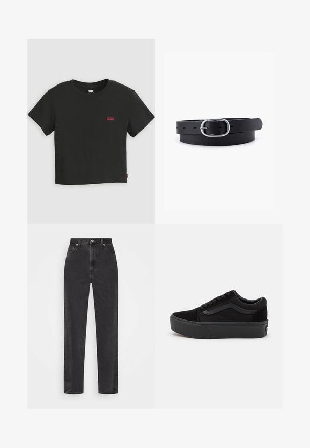 Schwarzes, kurzärmeliges, kurzes Levi's T-Shirt mit Rundhalsausschnitt und kleinem rotem Levi's-Logo auf der linken Brust.; Schwarze Denim-Jeans mit geradem Bein, hoher Taille, vorderem Knopf und Reißverschluss sowie fünf Taschen auf weißem Hintergrund.; Schwarze Sneaker aus Wildleder und Canvas, mit einer runden Zehenpartie, flachem Schnürdesign und einer dicken Gummisohle mit subtiler Markenkennzeichnung.; Schwarzer Leder Gürtel mit glatter Textur, ovaler silberner Metallschnalle und mehreren Einstelllöchern entlang des Riemens. Flaches, minimalistisches Design.