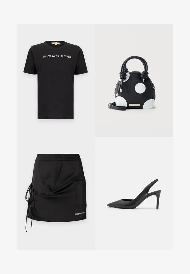 Sort bomuld T-shirt med korte ærmer og rund halsudskæring. Forsiden viser "MICHAEL KORS" i rhinsten.; Sort satin mininederdel med knaplukning, bånddetalje i siden og et opslagslomme med "KARL LAGERFELD JEANS" branding.; Sorte læder slingback høje hæle med spids tå-design, der har en udskæring fortil og en tynd stiletto-hæl.; Sort håndtaske med store hvide polkaprikker, to knyttede håndtag, sølv lynlås og aftagelig skulderrem, sat mod ensfarvet baggrund.