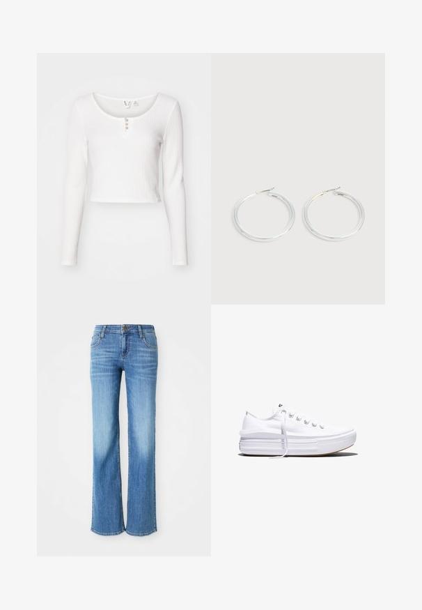 Biely crop top s dlhým rukávom z textúrovaného materiálu, s okrúhlym výstrihom a trojicou gombíkovým zapínaním vpredu.; Svetlo modré denimové džínsy s rovným strihom, piatimi vreckami a klasickým zapínaním na gombík, s označením značky na pásku.; Biela nízka plátenná teniska s hrubou platformovou podrážkou, šnurovaním vpredu a gumovou špičkou s textúrou, zobrazená z bočnej strany.; Pár lesklých strieborných kruhových náušníc s tenkými drôtenými zapínaniami, zobrazených na svetlo šedom pozadí.