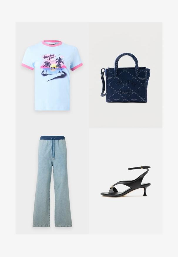 Svijetlo plava majica kratkih rukava s roza kragnom i manžetama, s motivom zalaska sunca na plaži s palmama, delfinima i natpisom "Moschino Jeans".; Svijetloplave traperice širokih nogavica s tamnoplasnim elastičnim pojasom i odgovarajućom špagom s metalnim vrhovima.; Crna ženska kožna sandala s zaobljenom niskom potpeticom, ukriženim trakama i podesivim remenom oko gležnja sa malom zlatnom kopčom.; Pravokutna tamnoplava torba za ruke s dvostrukim ručkama, uzorcima zvijezda i krila, tekstom "Voltaire Paris" te podesivim bočnim remenom.
