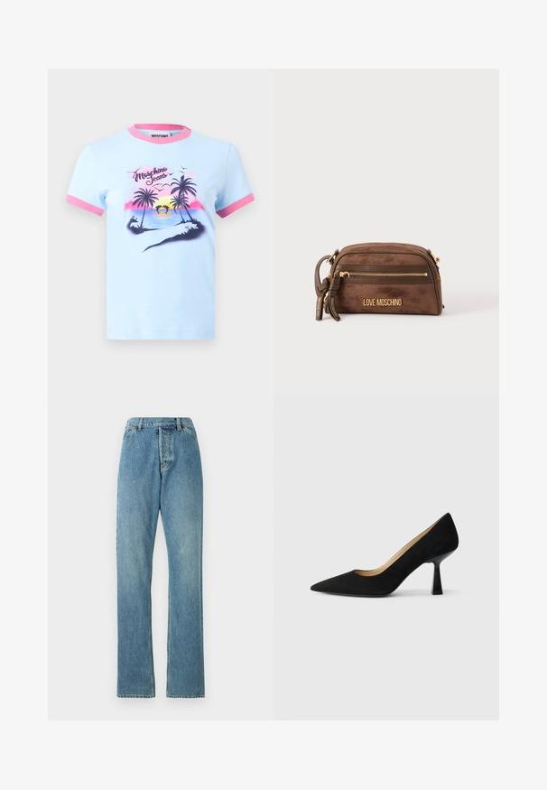 Lyseblå T-shirt med lyserød krave og ærmekanter, med et solnedgangs-strandmotiv med palmer, delfiner og teksten "Moschino Jeans".; Lyseblå denim jeans med lige ben-design, fem lomme-stil og en synlig talje. Teksturen er let slidt, men intakt.; Sorte ruskinds højhælede pumps med spids tå, der har en blank sort blokhæl og en glat indvendig foring.; Brun Love Moschino crossbodytaske med guldfarvet lynlås og logo, rundet form, justerbar rem og dekorative lynlåstræk.
