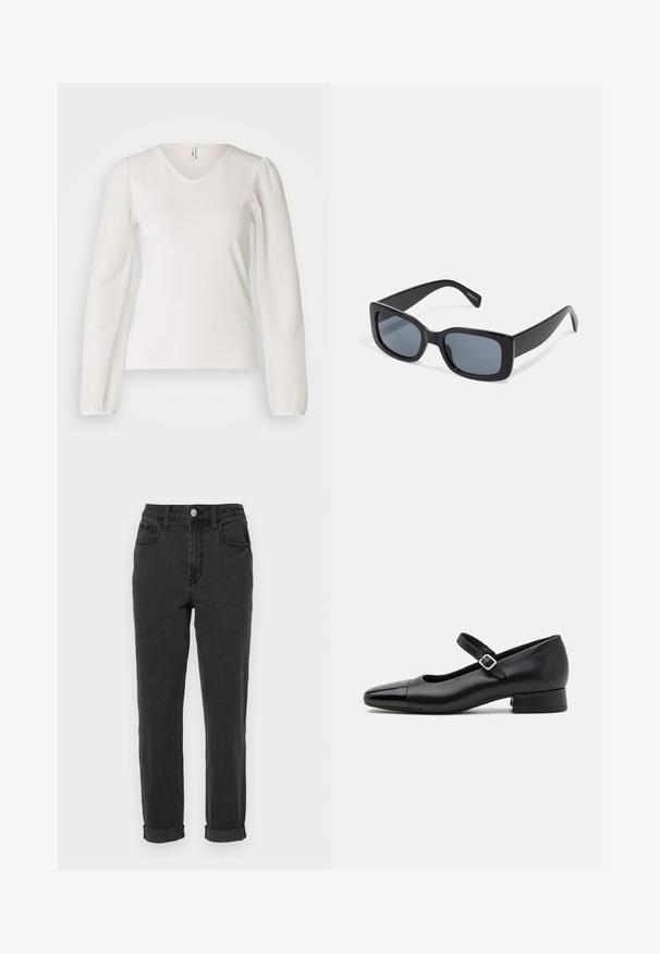 Hvid langærmet top med V-udskæring, der har et blødt materiale, tætsiddende liv og let volumniøse ærmer ved håndleddene. Glat tekstur.; Sorte denimjeans med høj talje, fem lommer og opsmøgede nederste kant. Materialet er tykt med en glat tekstur og minimal falmen.; Sorte læder Mary Jane-sko med en patenttå, justerbar ankelrem og lav blokhæl. Glat tekstur og strømlinet design.; Sorte rektangulære solbriller med mørkt tonede linser, tyk plastramme og brede stænger. Glat overflade og kantet design.