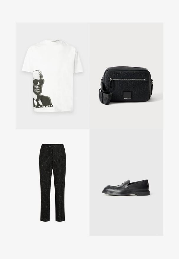 Witte T-shirt met korte mouwen en een zwarte afbeelding van een man met een zonnebril en een pak, gedrukt aan de linkerbenedenkant boven gedeeltelijke tekst.; Zwarte op maat gemaakte broek met een gestructureerd patroon van dunne verticale witte lijnen, een rechte snit en een knoopsluiting in de taille.; Zwarte leren loafers met een gestructureerde afwerking, voorzien van een decoratieve voorstrik en een afgeronde neus. Rubberzool voor duurzaamheid.; Zwarte rechthoekige crossbodytas met reliëfpatroon, voorvak met rits, verstelbare band en klein Karl Lagerfeld Jeans logo patch.