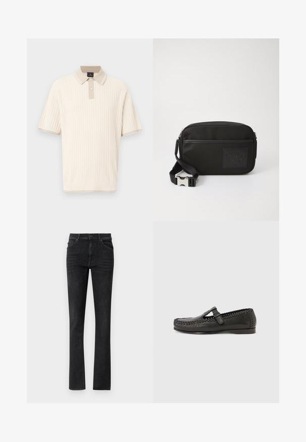Crèmekleurig gebreid poloshirt met korte mouwen, verticaal geribbeld, twee knopen, beige kraag en bijpassende afwerking aan boorden en zoom.; Zwarte denim jeans met een rechte pijp, voorzien van steekzakken en een knoopsluiting. Glad textuur met subtiele vervaging.; Zwarte leren mocassin met geweven stiksels langs de randen en een klein riempje over de bovenzijde. Lage, platte zool.; Zwarte nylon schoudertas met een gestructureerd logo-embleem, ritsluiting en een verstelbare schouderband met een zilverkleurige sluiting.
