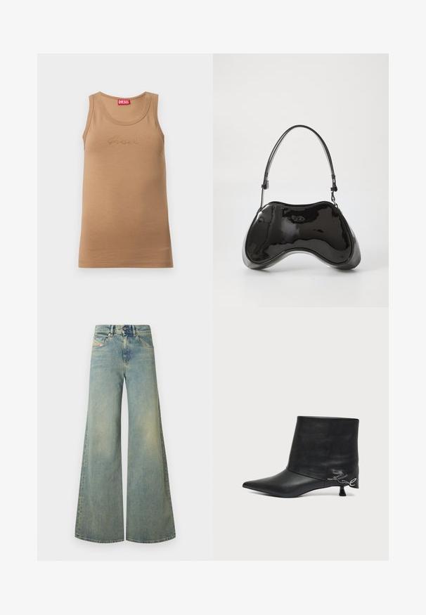 Débardeur beige sans manches avec encolure dégagée, présentant un petit logo "diesel" en pointillés sur la poitrine et une étiquette rouge Diesel à l'intérieur du col.; Jeans larges bleu clair à taille haute, avec un design classique à cinq poches et un léger délavage. Texture en denim, finition unie.; Bottine en cuir noir avec bout pointu, petit talon kitten et détail écrit argenté près du talon.; Sac à main en cuir verni noir avec une forme incurvée unique, une anse courte et ajustable, et une fermeture zippée. Texture lisse avec un branding discret.