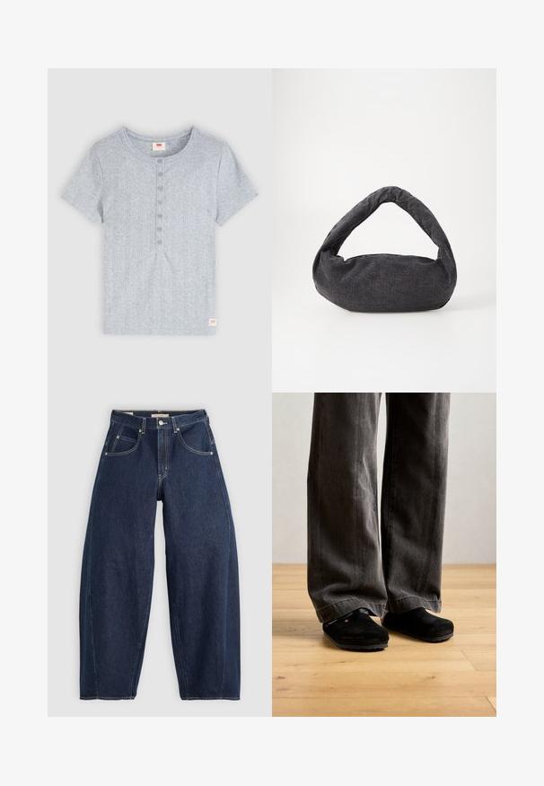 Camiseta de manga corta gris claro con acabado acanalado, cuello redondo y seis botones en la parte delantera, con una pequeña etiqueta roja con el logo de Levi's en el dobladillo inferior.; Jeans de mezclilla azul oscuro con un ajuste holgado, costuras claras, cinco bolsillos y un cierre de botón en la cintura.; Persona vestida con pantalones sueltos de color gris oscuro y zapatos negros sin cordones, de pie sobre un suelo de madera clara contra una pared lisa.; Bolsa de tela gris oscuro con un asa curva, textura suave y forma redondeada. Sin hardware ni adornos visibles.
