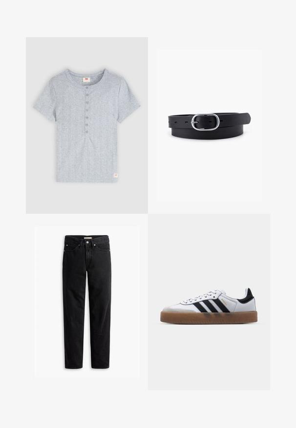 Lysegrå kortærmet ribstrikket skjorte med rund halsudskæring og seks knapper foran, med et lille rødt Levi's-logo-mærke i bundkanten.; Sorte straight-leg jeans med knap- og lynlåslukning, bæltestropper samt for- og baglommer, vist fladt på hvid baggrund.; Hvide lædersneakers med sorte striber, gummirubber sål, rund tå, snørelukning og blød grå ruskinds tåhætte.; Sort læderbælte med en glat overflade, oval sølvmetalspænde og flere justeringshuller langs stroppen. Flad, minimalistisk design.
