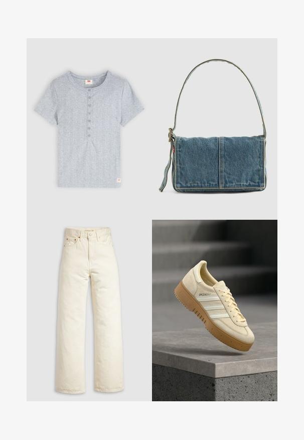 Lysegrå kortærmet ribstrikket skjorte med rund halsudskæring og seks knapper foran, med et lille rødt Levi's-logo-mærke i bundkanten.; Vidbenede jeans i offwhite denim med høj talje, kobbernitter og klassisk design med fem lommer. Struktureret stof med rene kanter.; Beige ruskindssneaker med gummisål, hvide striber og "SPEZIAL" branding, svævende over en grå trappet betonoverflade.; Denim skuldertaske med fold-over design, lys blå farve, synlige sømme, justerbar rem og en sidelabel-detalje.