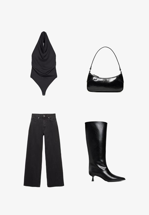 Sort ærmeløs bodystocking med høj halterhals og trykknapper i skridtet, vist fladt på hvid baggrund.; Sorte denim-jeans med brede ben, høj talje, fem lommer og knappelukning med diskrete syningsdetaljer.; Sort læderknæhøje støvler med spidse tæer, slank silhuet og en lav blokhæl med en blank finish.; Sort, blank skuldertaske i læder med et enkelt rum med lynlås og en tynd rem buet i en bueform.
