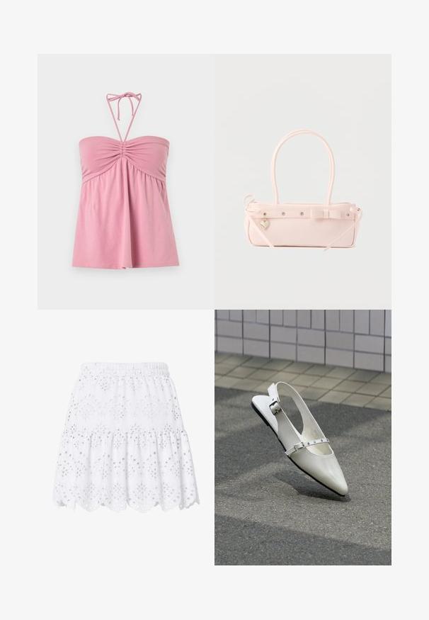 Haut rose sans bretelles à col halter avec poitrine froncée et tissu froncé s'écoulant librement en dessous, bretelles nouées formant un nœud au niveau du cou.; Jupe courte blanche à volants avec taille élastique, broderie anglaise et ourlet festonné décoré de motifs floraux.; Chaussure plate slingback blanche pointue avec deux boucles argentées, présentée en extérieur sur un sol texturé et un mur carrelé en arrière-plan.; Sac à main rectangulaire rose pâle avec double poignée, nœud décoratif, œillets métalliques et petit charm en forme de cœur sur un fond uni.