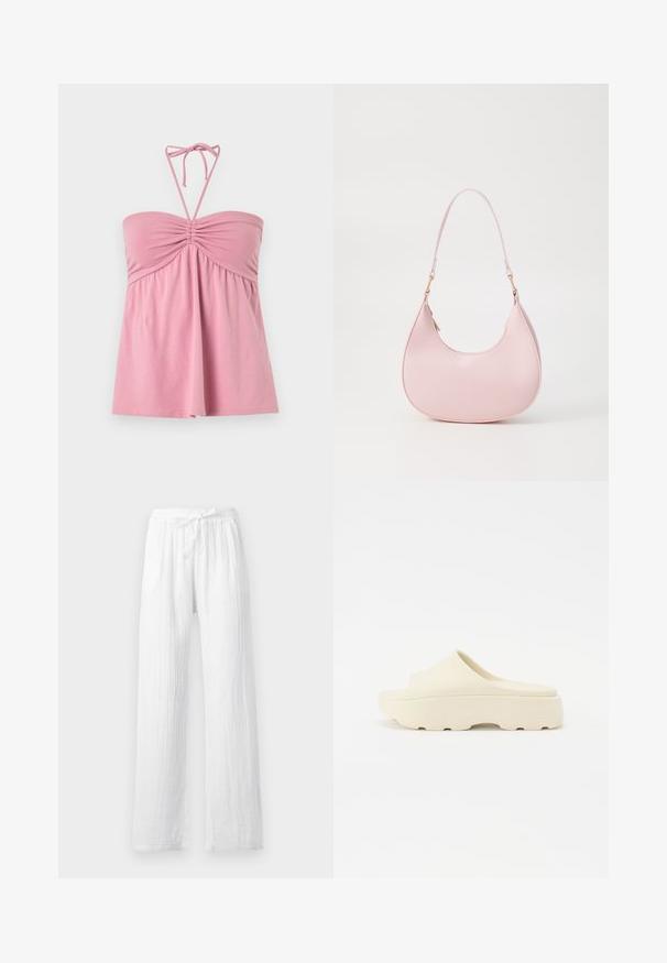 Top halter rosa sin tirantes con busto fruncido y tela recogida que cae suelta debajo, con tirantes atados formando un lazo en el cuello.; Pantalones blancos ligeros de lino con cintura ajustable mediante cordón y corte de pierna recta, mostrados sobre un fondo liso.; Sandalia beige sin correa con una superficie lisa similar al caucho, puntera redondeada, suela gruesa y fondo texturizado para un mejor agarre. Diseño minimalista.; Call it Spring CELESTY - Bolso de mano - other pink