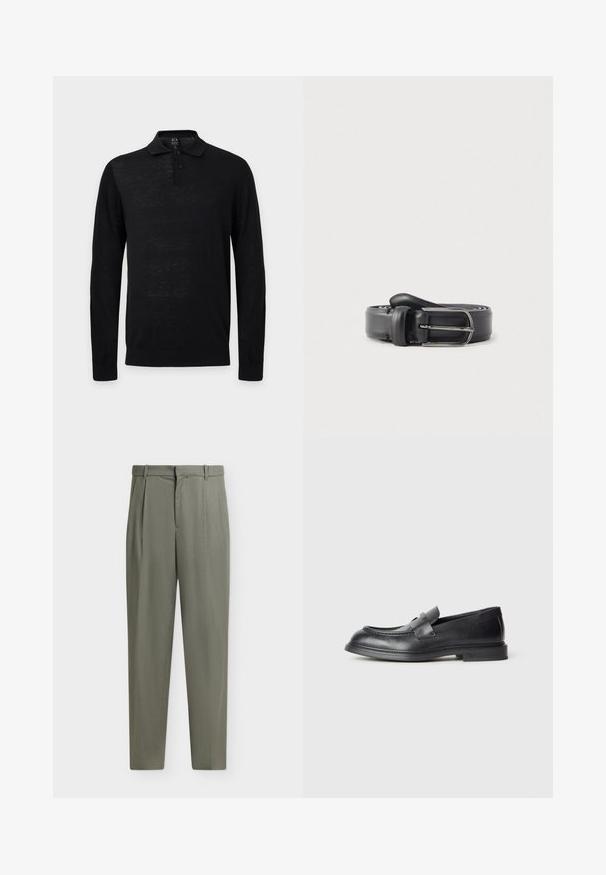 Polo noir à manches longues avec deux boutons et un col, présenté sur un fond clair uni.; Pantalon taille haute à jambes droites en vert olive doux avec passants, plis sur le devant et fermeture dissimulée.; Mocassins en cuir noir avec une finition texturée, dotés d'une bride décorative à l'avant et d'un bout arrondi. Semelle en caoutchouc pour plus de durabilité.; Ceinture en cuir noir à texture lisse, avec une boucle et un passant en métal argenté, conçue dans une forme classique et étroite.