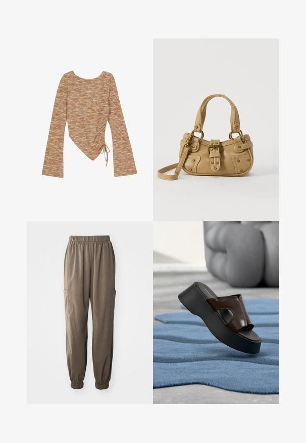 Even&Odd by Zalando Langærmet T-shirt - orange; Løs pasform cargo bukser i brunt stof, med elastisktalje, samlet manchetter og sidelommer for funktionalitet.; Sort platformsandale med mørkebrun læderoverdel og udskæringsdetalje på blå tekstureret tæppe og skulpturel stol i baggrunden.; Beige læderhåndtaske med dobbelte håndtag, messing spænde og nitte detaljer samt en justerbar skulderrem mod en hvid baggrund.