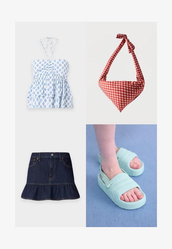 Hollister Co. STRAPLESS CONVERTIBLE DOUBLE TIER BABYDOLL - Toppi - white; Tumman farkun hame, röyhelöreunalla, viisi taskua, vyölenkit ja edessä nappikiinnitys. Sujuva pinta ja suora leikkaus.; Vaaleansiniset sandaalit, joissa on uurteinen pinta, avointo ja säädettävä hihna, sekä paksu pohja, näyttäen sileältä ja joustavalta materiaalilta.; Pehmeä kangaslaukku, jossa on punavalkoruudullinen kuvio, solmittu kahva ja kolmion muotoinen, yksiväristä taustaa vasten.