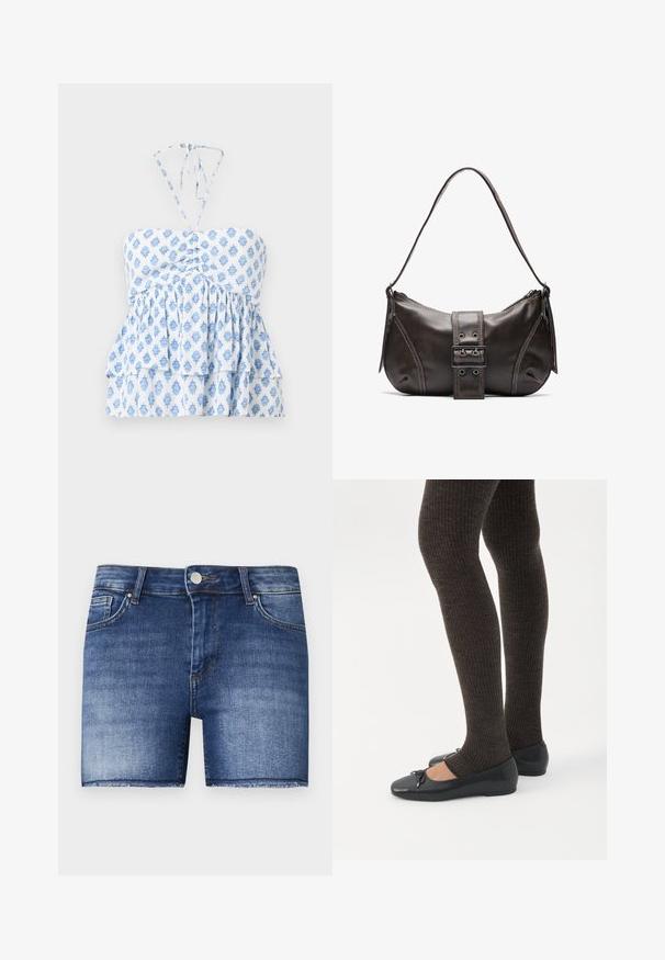 Hollister Co. STRAPLESS CONVERTIBLE DOUBLE TIER BABYDOLL - Top - white; Džínové šortky v stredne modrom odtieni so striha s rovnými nohavicami. Obsahujú umelé opotrebovanie, predné vrecko a surový lem na spodnej časti.; Nohy v tmavých pásikavých legínach v kombinácii s čiernymi balerínkami s malými mašličkami na bielom pozadí.; Hnedá kožená taška cez plece s zakriveným tvarom, s výrazným detailom sponky, kontrastným prešívaním a jedným popruhom na plece.