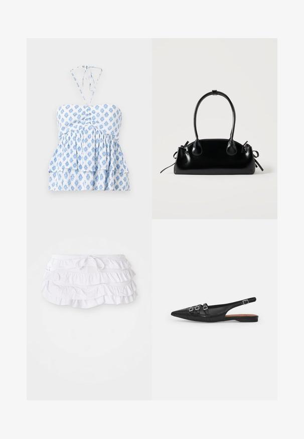 Hollister Co. STRAPLESS CONVERTIBLE DOUBLE TIER BABYDOLL - Top - white; Hvid rynket svømmedragt med flere lag, der har en justerbar snøre i taljen. Blødt stof med en glat tekstur.; Sort læderslyngeflad sko med spids tå, der har to vandrette stropper og firkantede sølvspænder, lav hæl og glat tekstur.; Lille sort blank håndtaske med to lange håndtag og snøre-detaljer i siden på en ensfarvet lys baggrund.