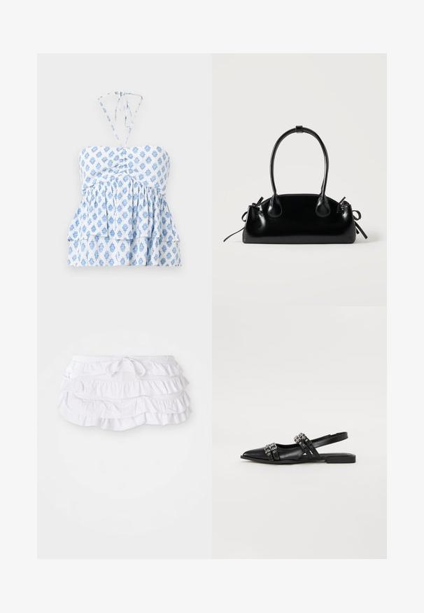 Hollister Co. STRAPLESS CONVERTIBLE DOUBLE TIER BABYDOLL - Top - white; Wit gerimpelde badrok met meerdere lagen, voorzien van een trekkoord in de taille voor aanpassing. Zachte stof met een gladde textuur.; Even&Odd by Zalando Slingback ballerina´s - black; Kleine zwarte glanzende handtas met twee lange hengsels en zijkant trekkoord details op een effen lichte achtergrond.