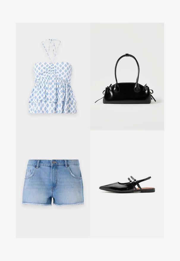 Hollister Co. STRAPLESS CONVERTIBLE DOUBLE TIER BABYDOLL - Débardeur - white; Shorts en denim bleu clair, présentant un ourlet effiloché, un design cinq poches et une fermeture à bouton en métal à la taille.; Des chaussures slingbacks en cuir verni noir présentent un bout pointu, deux sangles avec des accents de boucle, et une semelle plate.; Petit sac à main noir brillant avec deux longues anses et des détails à cordon sur les côtés sur un fond clair uni.