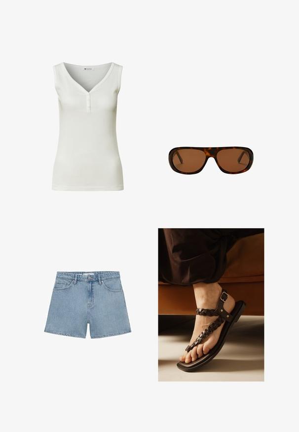Ærmeløs hvid ribbet tanktop med V-udskæring og tre knapper på frontlisten, vist på en ensfarvet baggrund.; Lyseblå denimshorts med høj talje, fire lommer og knaplukning. Har en klassisk lige ben stil og frynset kant.; Fod iført flettet mørkebrunt lædersandal med justerbar spænde, hvilende nær en brun sofa på et lyst gulv.; Rektangulære skildpadde-solbriller med brune tonede linser og en tyk ramme.