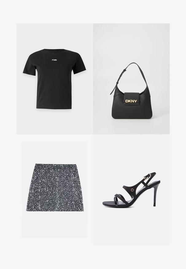 LOIS Jeans NEW EMMA CENTER - T-shirt basique - black; Mini-jupe en sequins argentés avec un motif texturé et une coupe droite. Le tissu semble brillant et réfléchissant.; Sandale noire à talon haut avec fines lanières, une boucle à la cheville et un talon aiguille élégant sur fond blanc.; Sac en cuir noir à épaule avec une forme structurée, mettant en avant un logo doré "DKNY" à l'avant et une sangle courte et réglable.
