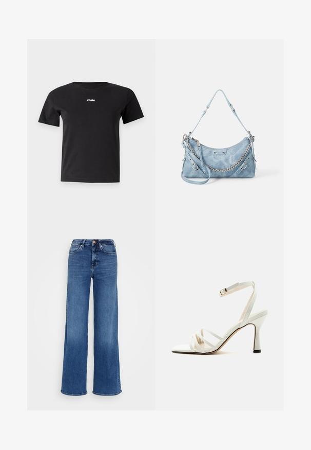 LOIS Jeans NEW EMMA CENTER - T-shirt basique - black; Jean bleu à jambes larges en denim, avec une taille haute, cinq poches et une fermeture à boutons. Délavage subtil et détails de couture visibles.; Sandale blanche à talon haut avec trois brides à l'avant et une bride de cheville réglable avec une boucle dorée.; ALDO FARALAELIAX - Sac à main - blue
