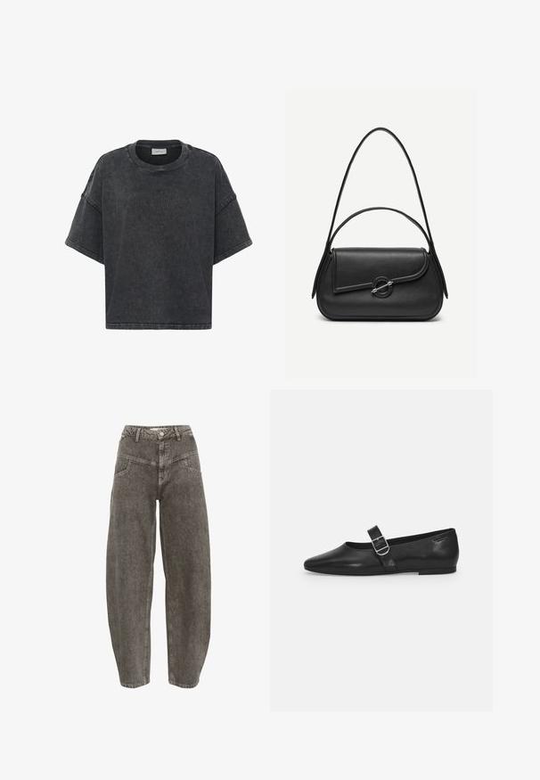 Camiseta de manga corta y corte oversized en denim negro desgastado. Cuenta con cuello redondo, bordes sin terminar y un sutil detalle de logo en el frontal.; Gestuz JOSIE BARREL - Pernera ancha - greige denim wash; Zapato plano de cuero negro con punta redondeada, una sola correa ajustable con hebilla y una textura suave y brillante. Diseño minimalista con un tacón bajo.; Bolso de cuero negro con bordes redondeados, solapa asimétrica, cierre circular de metal y correas de hombro cortas y largas.