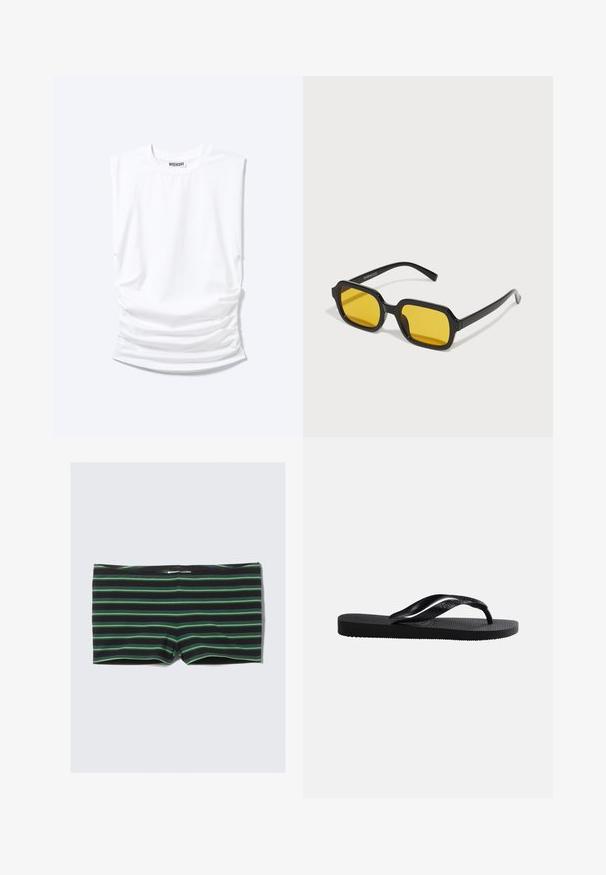 T-shirt blanc sans manches à col rond, épaules rembourrées et côtés froncés, posé à plat sur fond clair.; Shorts de bain noirs à rayures horizontales vertes. Fabriqués en tissu extensible, ils disposent d'une taille sans coutures et d'une coupe ajustée.; Tongs en caoutchouc noir avec semelle texturée et bride en Y lisse sur un fond clair uni.; Lunettes de soleil rectangulaires noires avec des verres jaunes. Les caractéristiques incluent des montures épaisses et un design anguleux avec une finition lisse et brillante.