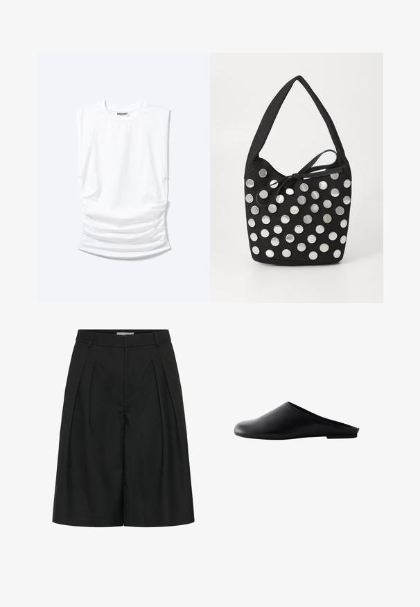 T-shirt blanc sans manches à col rond, épaules rembourrées et côtés froncés, posé à plat sur fond clair.; Short noir taille haute sur mesure avec plis devant, passants de ceinture et fermeture avant dissimulée.; Chaussure mule noire à enfiler avec bout fermé arrondi et petit talon plat, vue de côté sur fond blanc.; Sac à main en tissu noir, de forme arrondie, orné de clous métalliques ronds en argent disposés en motif, et d'un accent en tissu noué.