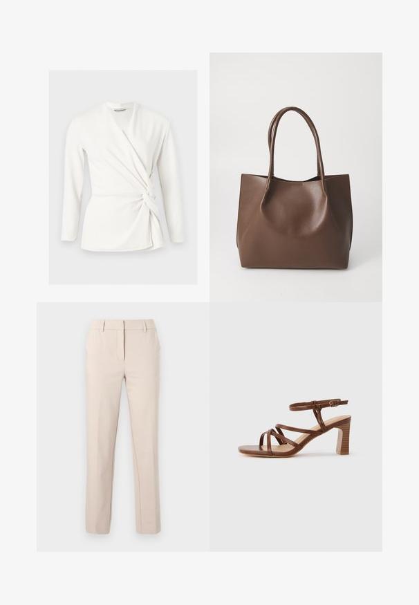 Blouse blanche à manches longues avec col en V et détail nœud sur le côté, coupe ajustée, présentée sur un fond gris clair uni.; Pantalon beige ajusté à jambe droite avec passants de ceinture, fermeture éclair frontale et bouton, sur un fond clair uni.; Sandale en cuir marron à lanières avec un talon bloc et une boucle de cheville réglable sur un fond clair uni.; Sac en cuir marron avec deux longues poignées, forme structurée, texture lisse et design minimaliste. Aucun matériel ni accent visible.