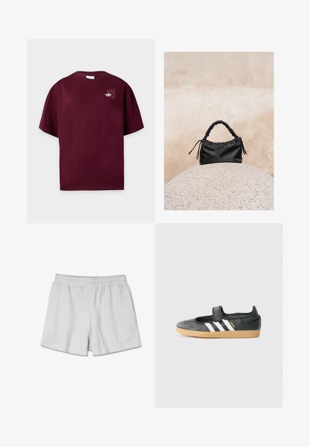 Camiseta de manga corta color granate con cuello redondo y pequeño logo blanco de Adidas con bordado floral en el lado izquierdo del pecho.; Pantalones cortos de canalé gris claro con una cinturilla elástica, que presentan dos bolsillos laterales y un pequeño logo blanco en la parte inferior derecha.; Zapatilla de deporte de cuero negro y ante con una correa de Velcro, que presenta tres rayas blancas y una suela de goma, etiquetada "SAMBA" en el lateral.; Bolso negro fruncido con asa recogida, apoyado sobre una esfera de piedra texturizada frente a una pared de hormigón beige.