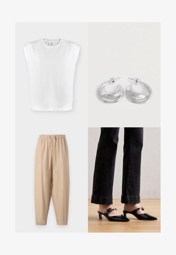 Top blanco sin mangas con hombreras acolchadas, escote redondo y una pequeña etiqueta de la marca en la costura lateral izquierda.; Pantalones beige de corte holgado con cintura elástica y cordón, confeccionados en tela ligera y texturizada, con piernas estrechas.; Mules negros de punta puntiaguda con tacón bajo y una correa ajustable con hebilla. Material de cuero liso con acabado brillante.; Un par de pendientes de aro en forma de media luna pulidos en plata, con respaldos de plástico transparente, sobre una superficie blanca.