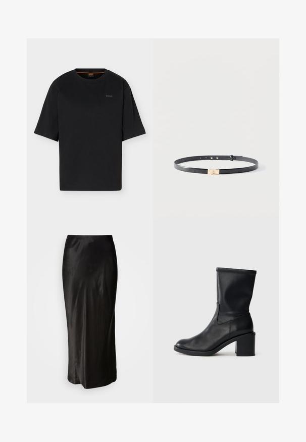 T-shirt noir à manches courtes avec col rond, logo BOSS subtil sur le côté gauche de la poitrine et détail orange à l'intérieur du col.; Jupe en satin noir avec une texture lisse. Design long jusqu'au sol avec une taille ajustée et une légère évasement à l'ourlet. Aucun motif ou matériel visible.; Botte en cuir noir à cheville avec un bout rond, texture lisse et un talon épais, présentant un tige ajustée et un subtil détail de couture.; Ceinture fine en cuir noir avec une petite boucle rectangulaire en or, présentée à plat sur un fond gris clair uni.