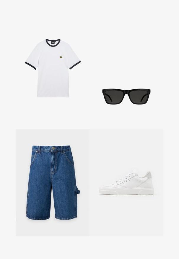T-shirt en coton blanc avec col et bordures des manches côtelés bleu marine. Présente un petit logo jaune brodé sur la poitrine.; Shorts en denim d'une couleur bleu moyen, dotés d'une taille haute, de deux poches avant et d'une poche latérale avec une sangle. Texture lisse, design décontracté.; Des baskets en cuir blanc avec une finition lisse, un bout rond, des lacets plats et une semelle texturée. Accents en daim gris au niveau du talon.; Lunettes de soleil noires à monture rectangulaire en plastique brillant, verres foncés et branches élégantes, adaptées à diverses formes de visage.