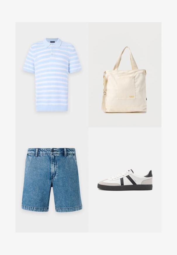 Polo de color azul claro con mangas cortas, que presenta rayas horizontales y un patrón texturizado. Con tapeta de botones y detalle de cuello acanalado.; Shorts de mezclilla en azul claro con un corte relajado. Presentan un diseño estándar de cinco bolsillos, cierre de botón y bordes rematados con un ligero desgaste.; Zapatilla blanca con acentos en negro y gris, que presenta una puntera texturizada en gris, suela de goma negra y cordones planos blancos. Diseño limpio, estilo minimalista.; Bolsa tote de lona color crema con bolsillo delantero, dos asas, correa de hombro ajustable y pequeño texto amarillo "O.N.S" en la parte inferior derecha del bolsillo.