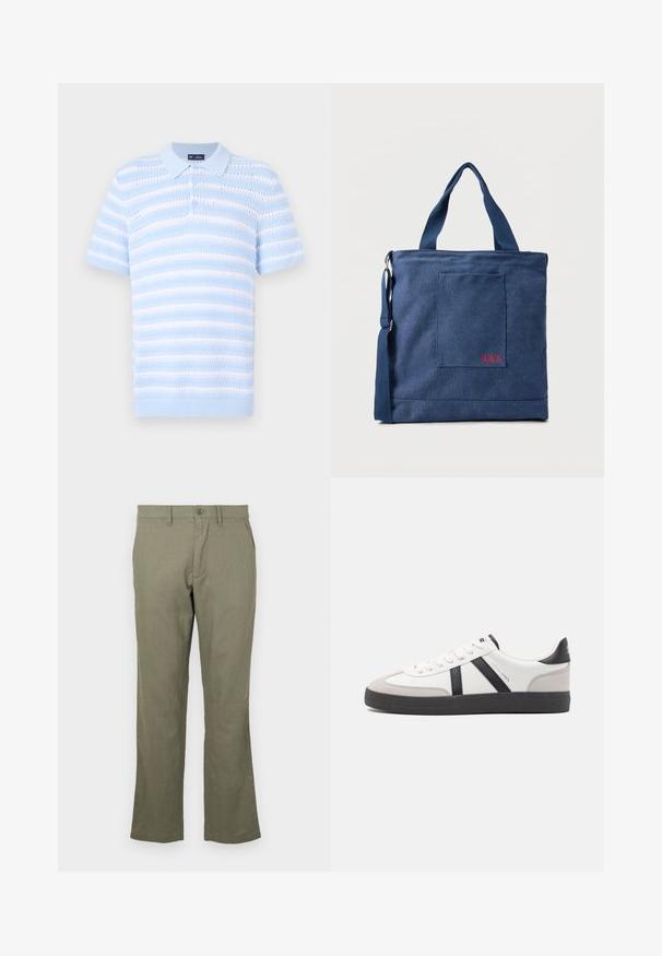 Polo de color azul claro con mangas cortas, que presenta rayas horizontales y un patrón texturizado. Con tapeta de botones y detalle de cuello acanalado.; Pantalones casuales de color verde oliva, hechos de una tela suave. Cuentan con un corte recto, bolsillos frontales y un cierre de botón. Sin patrones visibles.; Zapatilla blanca con acentos en negro y gris, que presenta una puntera texturizada en gris, suela de goma negra y cordones planos blancos. Diseño limpio, estilo minimalista.; Bolso tote de lona azul con bolsillo frontal y bordado rojo "O.N.S", con asas dobles y una correa ajustable para el hombro.