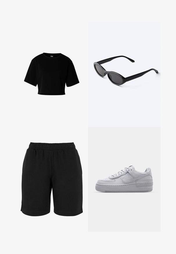 Zwarte cropped T-shirt met korte mouwen, ronde halslijn, losse pasvorm en Urban Classics-label binnen in de kraag.; Zwarte katoenen shorts met een elastische tailleband, met een gladde textuur en een eenvoudige snit. Geen zakken of versieringen zichtbaar.; Grijze Nike Air Force 1 sneaker met geperforeerde neus, glad leren bovenwerk, dikke zool en verhoogde 'AIR' details op de hiel.; Strakke zwarte ovale zonnebril met donkere glazen en rechte pootjes, rustend op een wit oppervlak.