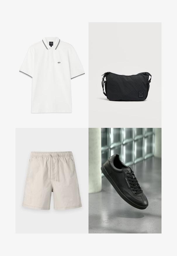 Weißes Polohemd mit Kragen, kurzen Ärmeln, schwarzem Saum am Kragen und an den Ärmeln sowie einem kleinen schwarzen Logo auf der linken Brust.; Beige Shorts aus leichtem Stoff, mit elasticem Taillenbund, Zugband und Seitentaschen mit kontrastierender Naht.; Schwarzer Ledersneaker mit strukturierter Oberfläche, flachen Schnürsenkeln, abgerundeter Zehe und Gummisohle. Verfügt über ein Logodetail an der Seite.; Schwarze Schultertasche aus strukturiertem Stoff mit geometrischem Muster, Reißverschluss, verstellbarem Riemen und einem Markenlogo vorne.